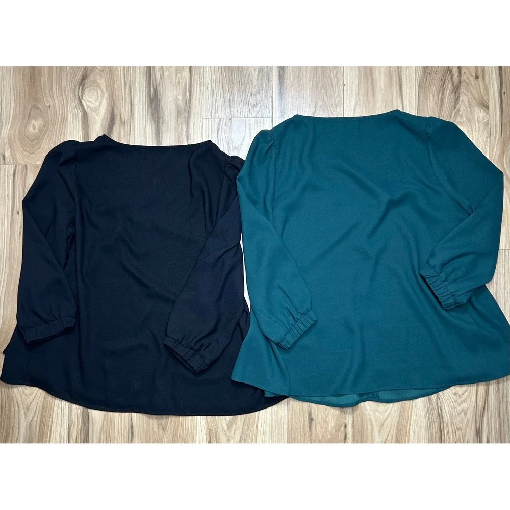 Tuckernuck V-Neck Puff Sleeve Blouse Top SET/2 Womens M Black Green Preppy Flowy